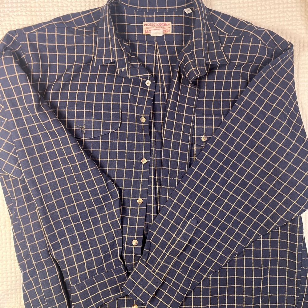 Filson 100% Virgin Wool Navy Cream Windowpane Plaid Shirt Size 42